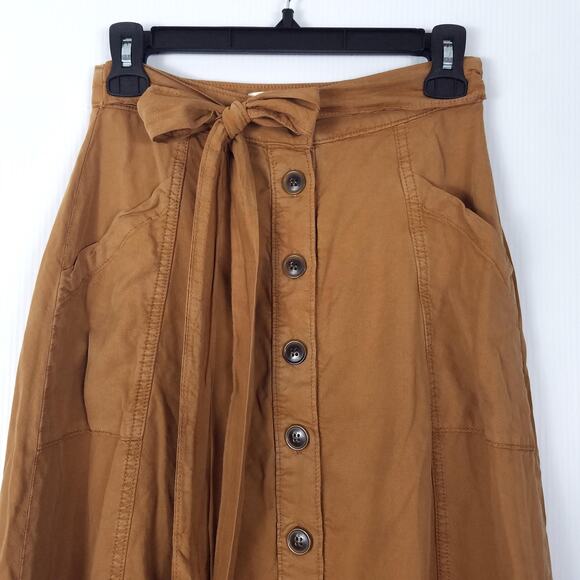 Maeve Anthropologie Button Front A-Line Midi Skirt Tie Waist Windsor Tan Size 0 - Picture 3 of 6